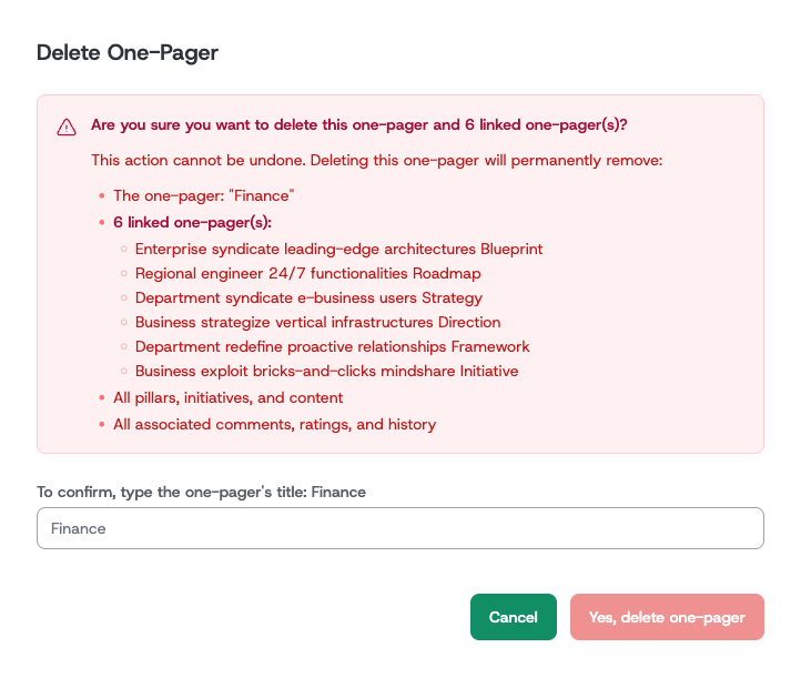 The delete dialog, listing the linked one-pagers that would also be removed