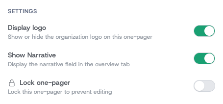 The Lock one-pager toggle in the Settings tab