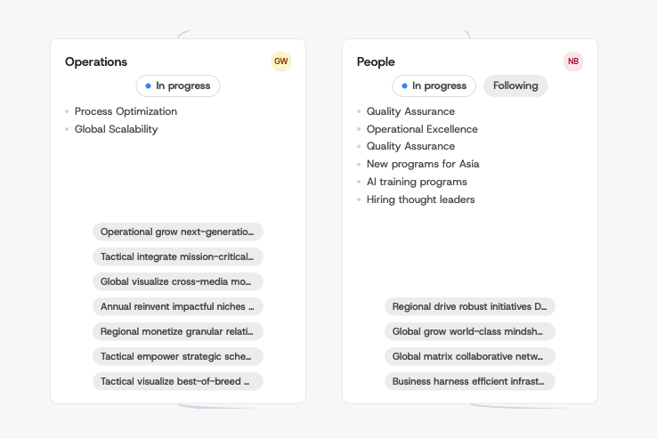 Status badges on the one-pager cards in the tree view