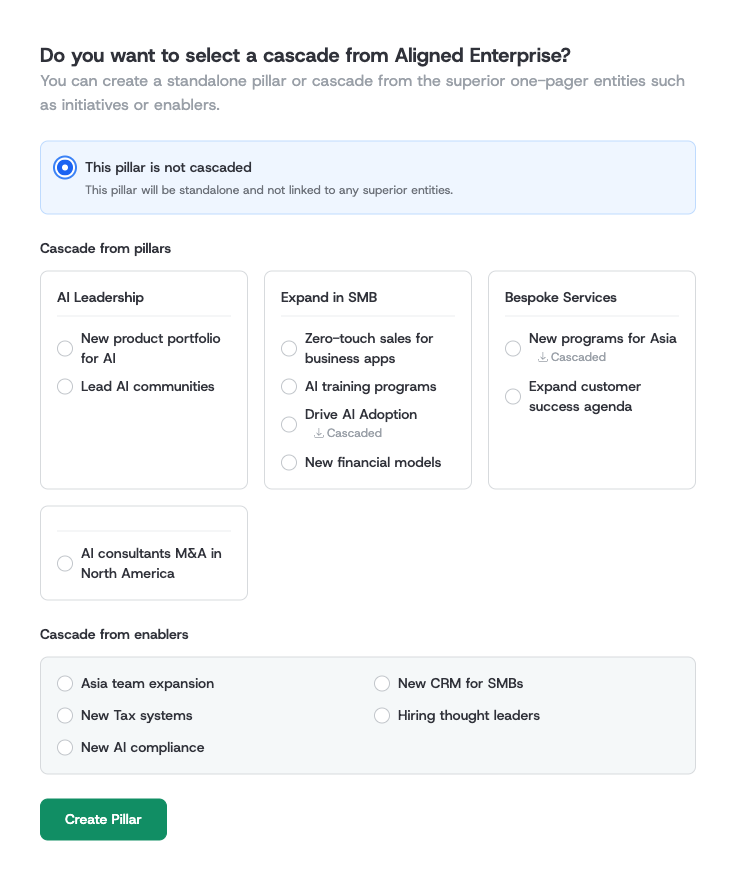 Choosing a superior initiative or enabler to contribute to when adding a pillar
