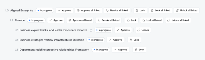 Approvals tab rows with Lock, Lock all linked, and Unlock all linked controls beside the approval buttons; one locked row shows a padlock next to its title and an Unlock button