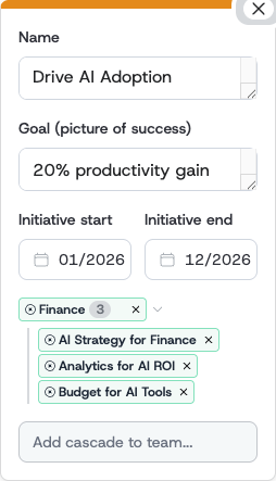 An initiative box showing several cascades to the same one-pager folded into a single 'Finance' folder