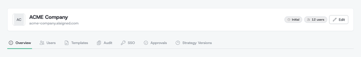 Company Admin header showing the organization avatar, name and domain with tier and user-count badges and an Edit button, above a row of icon tabs