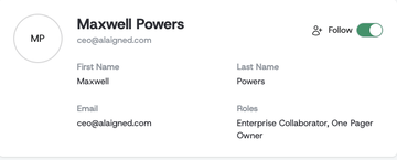 A user profile header with the Follow toggle switched on