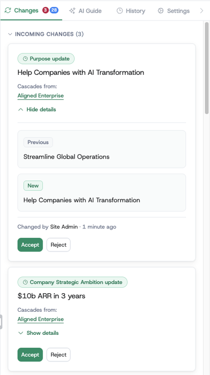 Insight bar Changes tab with the new section structure: Incoming Changes cards labelled by change type, each with Cascades-from and Accept / Reject